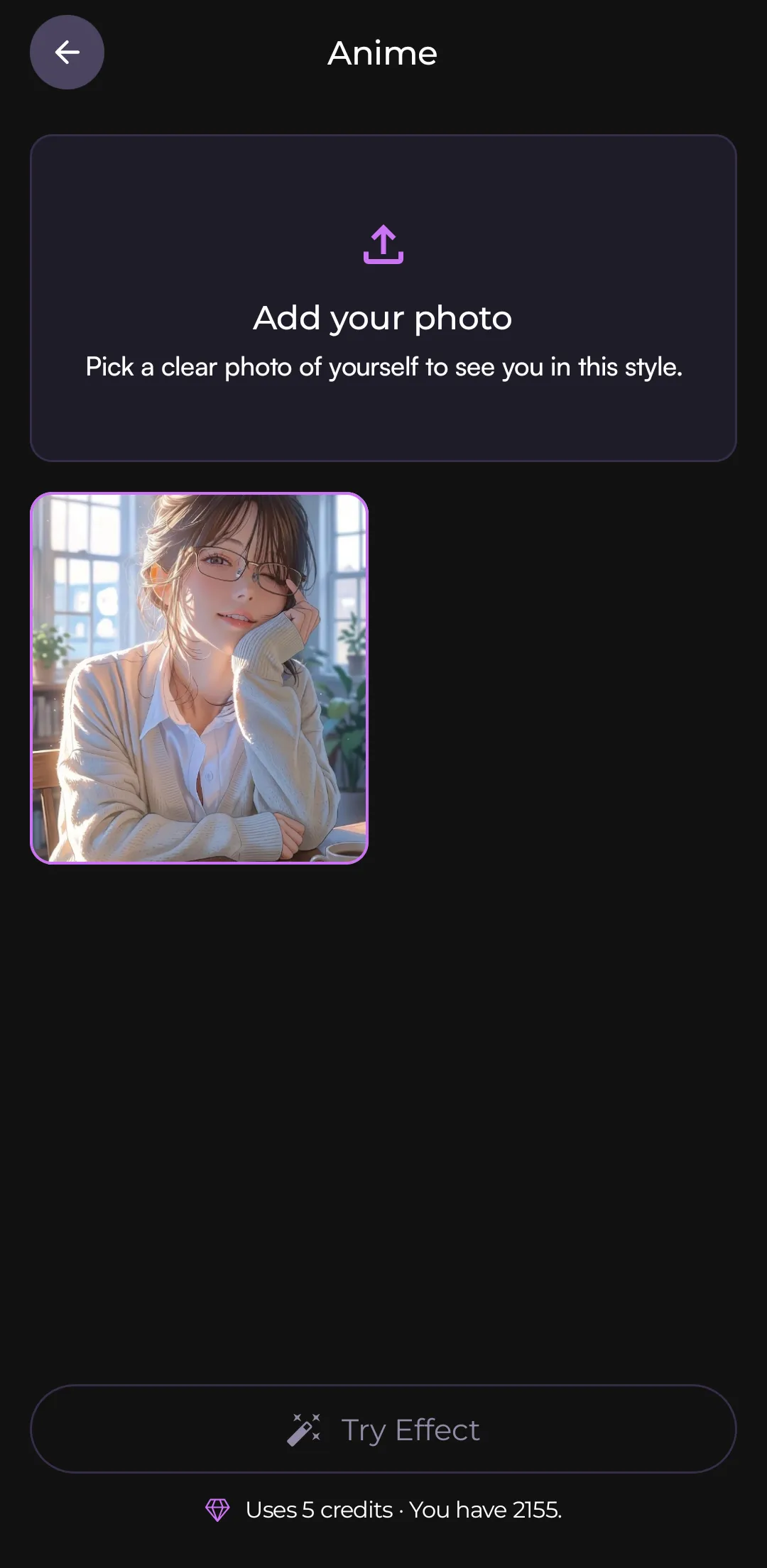 DreamUp’s Anime style: an example image, and a button to add your own photo to see yourself in that style