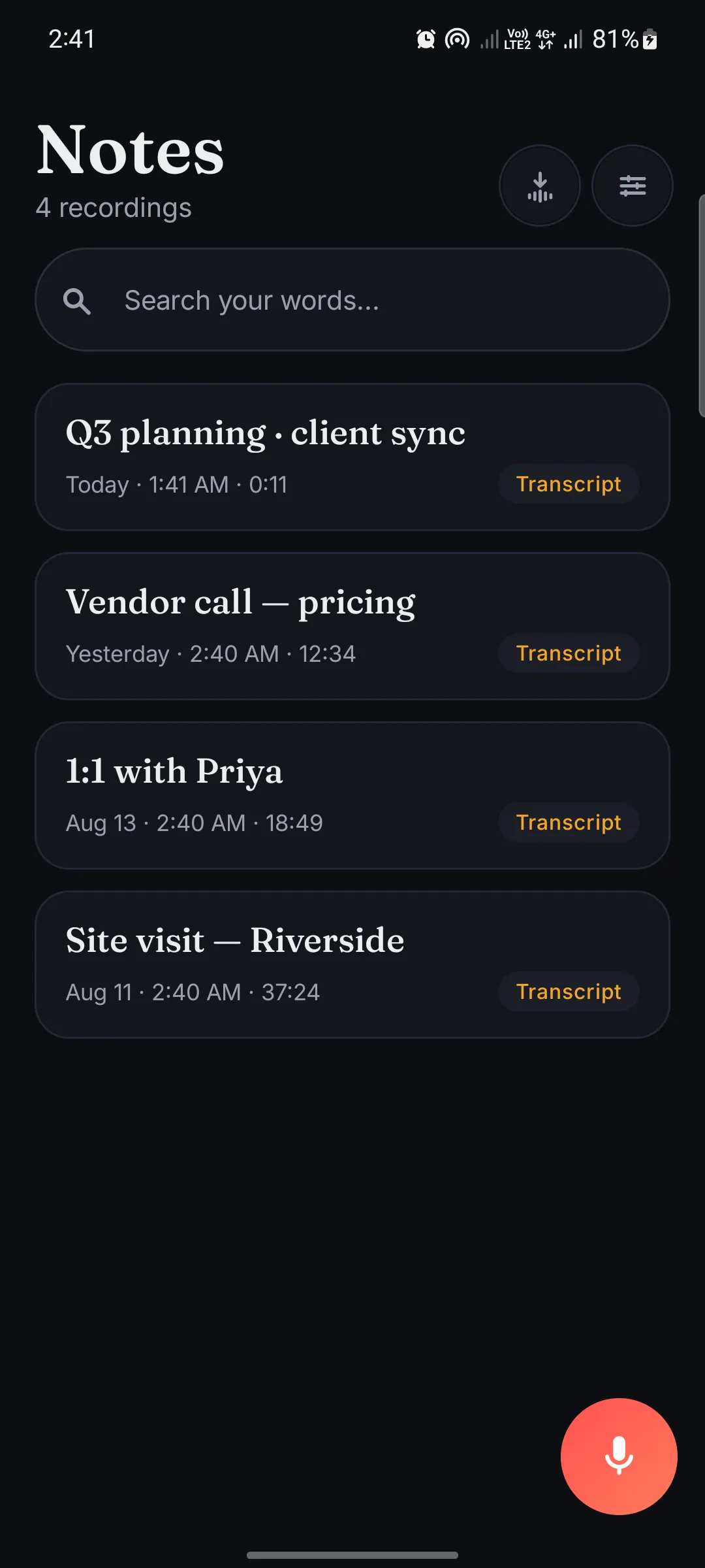 Murmur on Android: a list of recorded meetings, each with its transcript