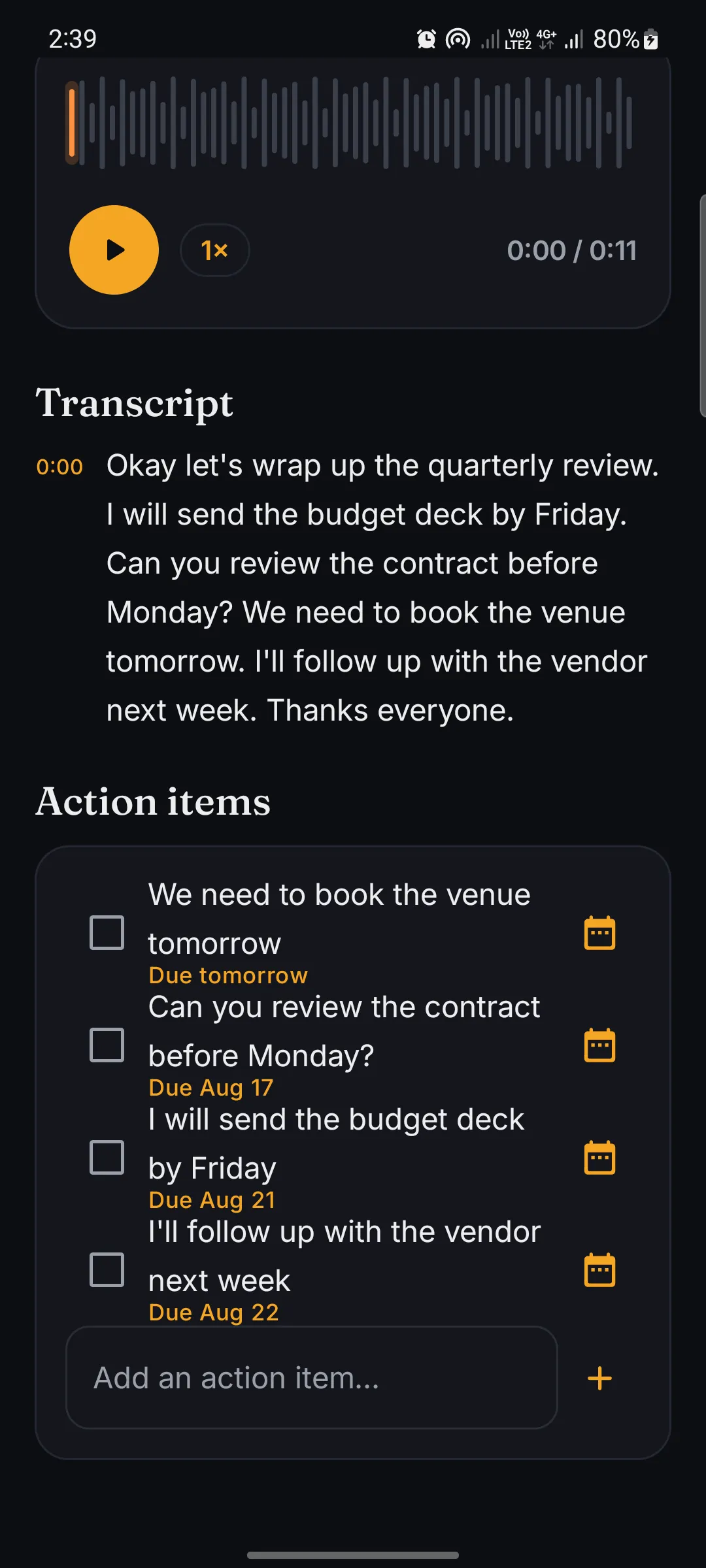 A Murmur note: the transcript of a meeting and the action items found in it, with due dates