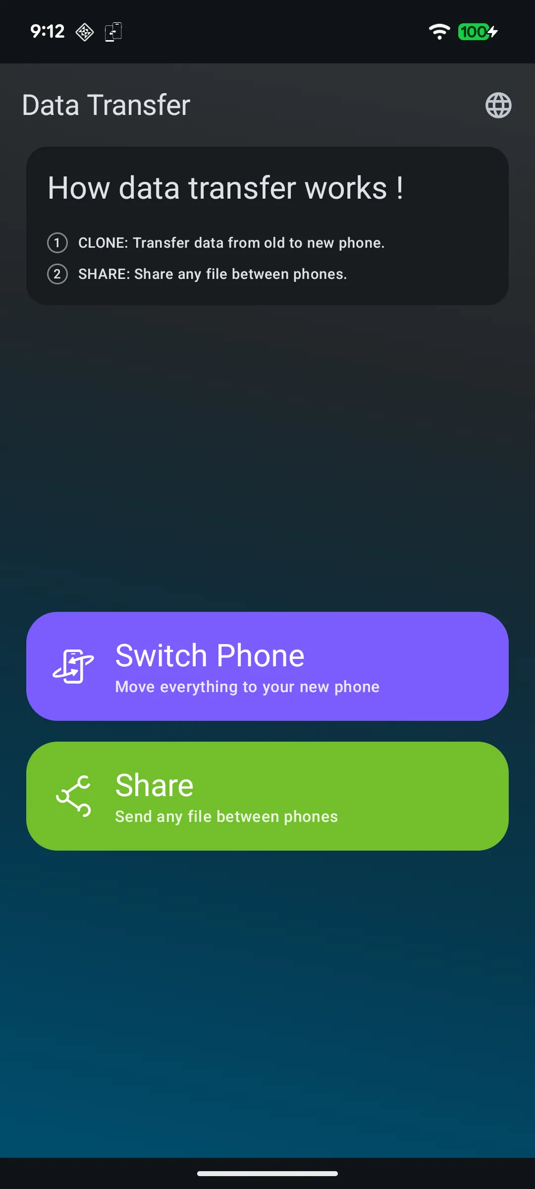 Quick Switch home screen: Switch Phone to move everything to a new phone, or Share to send any file