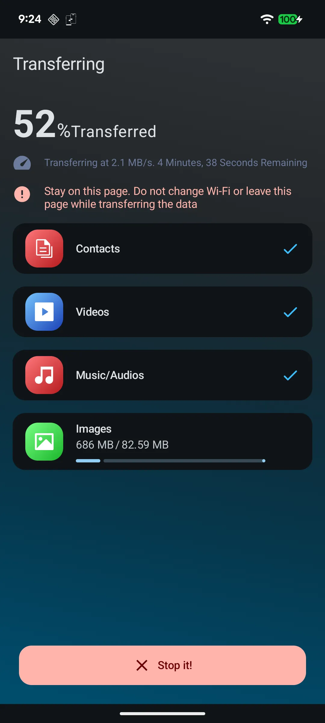 Quick Switch sending contacts, videos, music and images to a new phone, 52% transferred